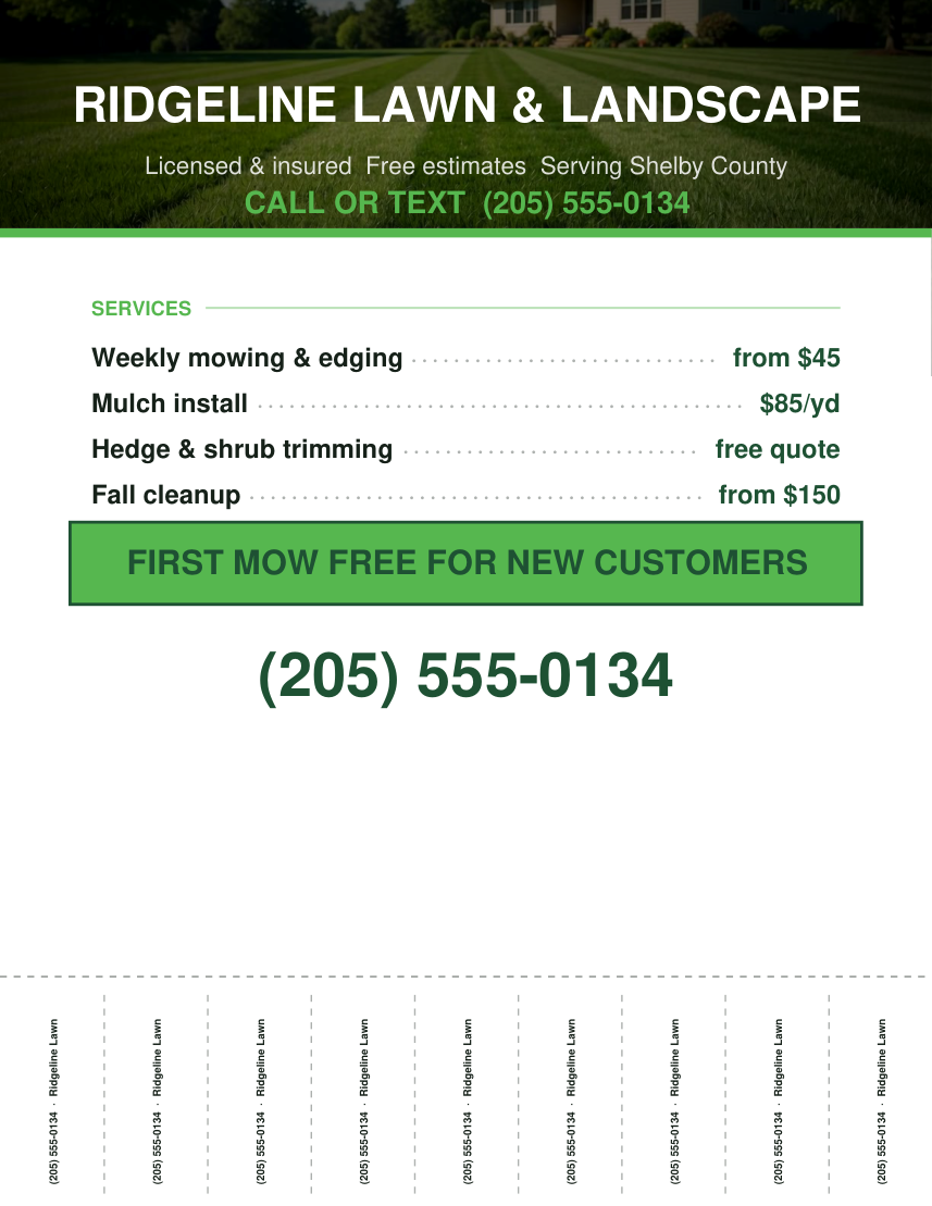 A print-ready flier with tear-off phone tabs, generated by the flier maker